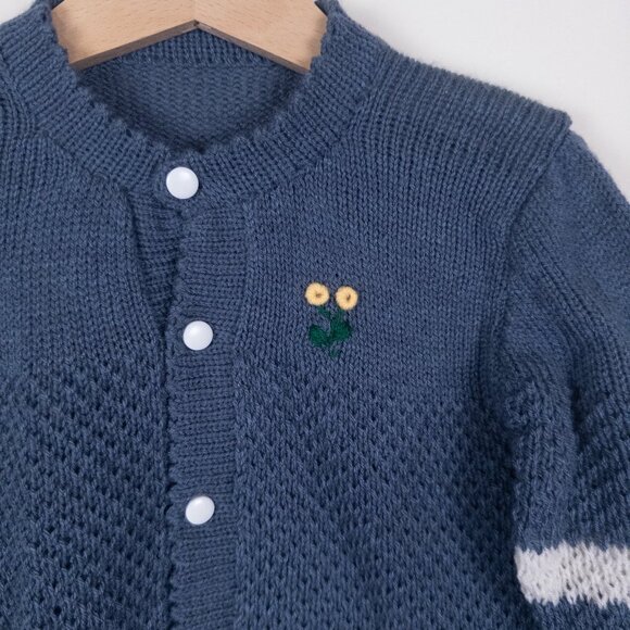 Hand Knit Button Front Soft Striped Sweater Cardigan Embroidered Blue Girls 3-4 - Picture 2 of 8